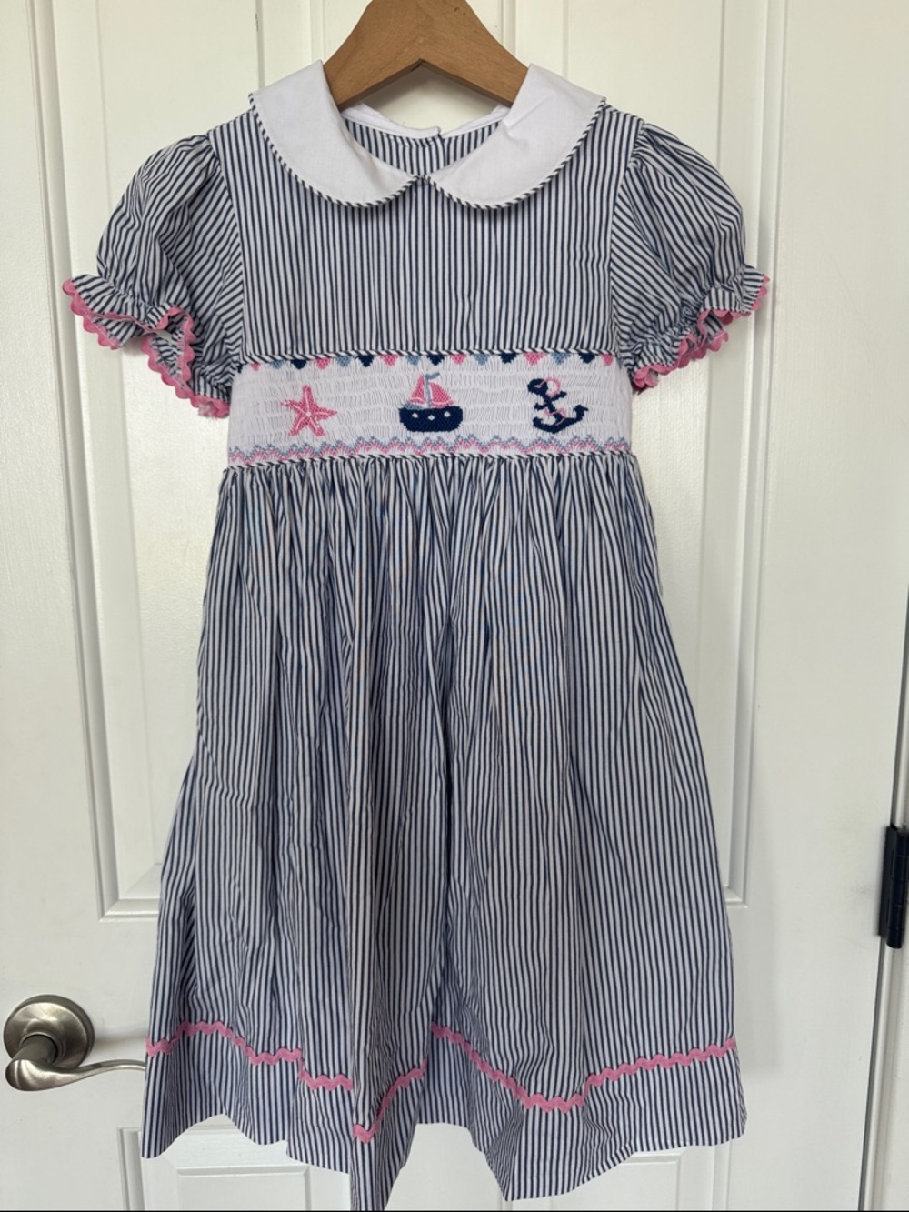 marmellata Navy & White Striped Smocked Nautical Dress with Pink Trim